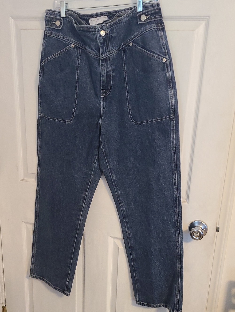 Topshop Dark Blue Wide Boyfriend Jeans with Front Patch Pockets